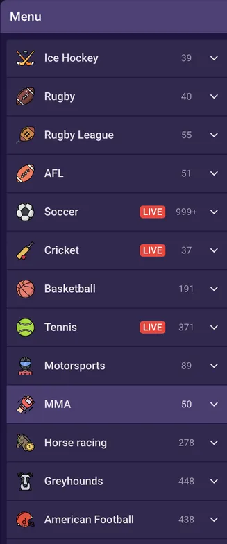 SpinBet sports menu with live and upcoming events: soccer, tennis, basketball, MMA, and more